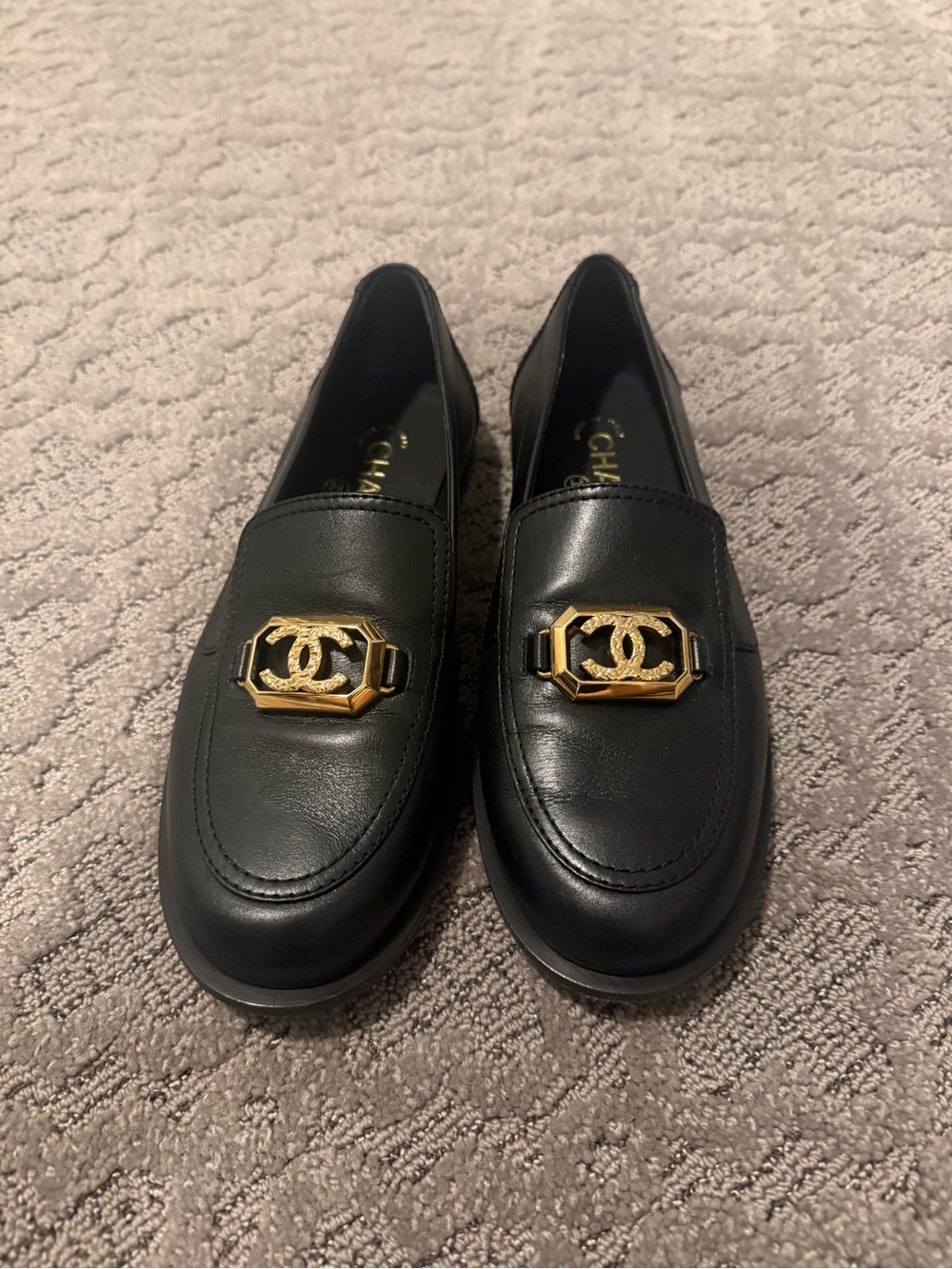 CHANEL Black Leather Loafers with Gold CC Medallions